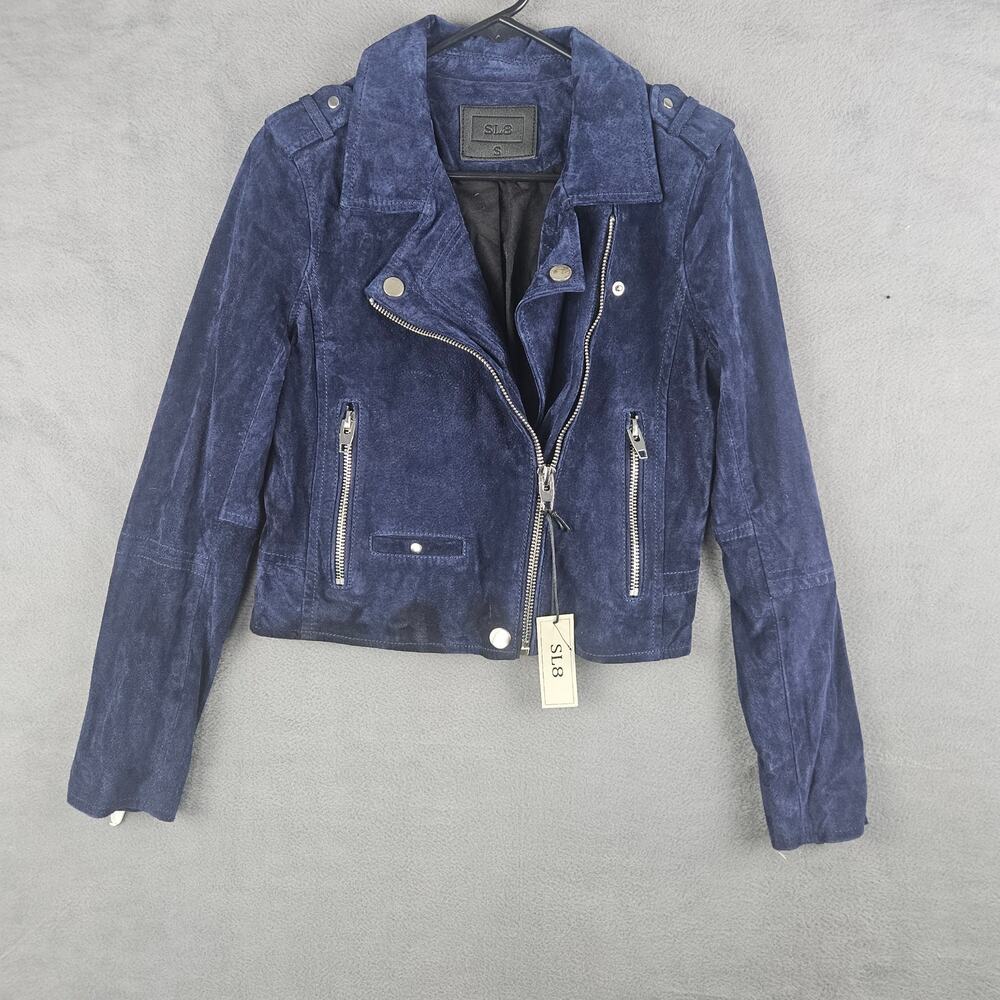 SL8 Blue Suede Leather Moto Jacket Size Small Biker